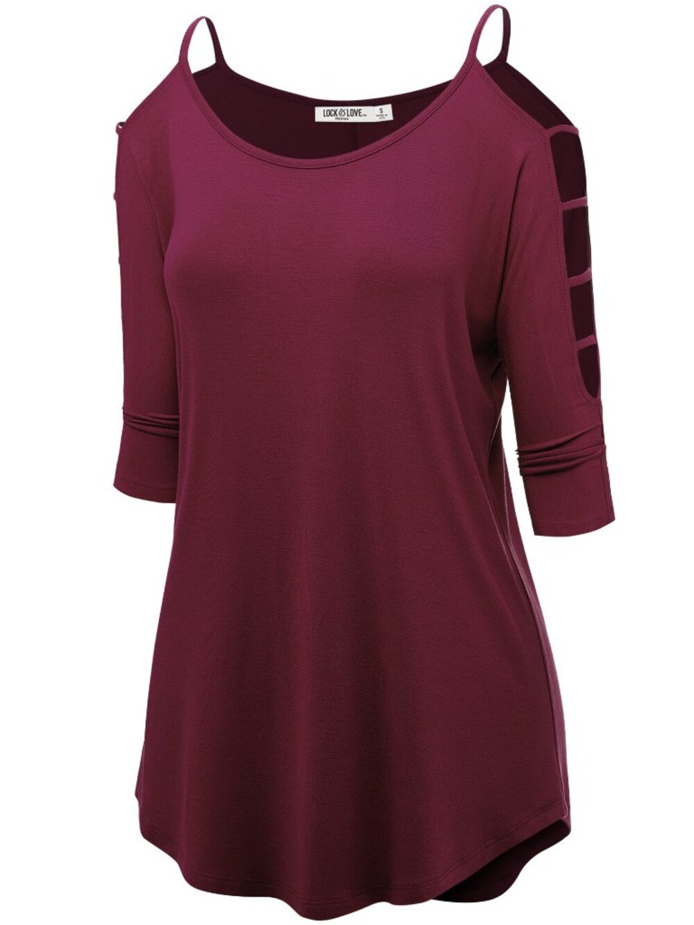 Casual Hollowed Out Shoulder 3/4 Sleeve Tunic - Wine